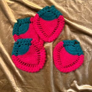 Handmade Crochet pot holders Set in Red and Green strawberries